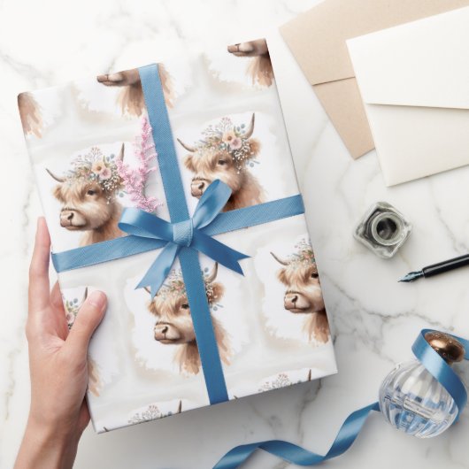 ボーホー ハイランドカウ ブライダル フラワーズ ラッピングペーパー (ギフト)