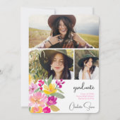 ボーホー ハンドペイント ボーホー フラワ ３枚写真 卒業 招待状 (裏面)