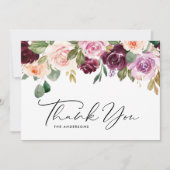 ボーホー バーガンディーとピーチの花 秋のウェディング サンキューカード (正面)