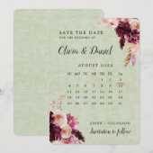 ボーホー バーガンディー セージグリーン カレンダー セーブ・ザ・デート 招待状 (正面/裏面)