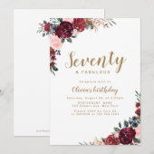 ボーホー バーガンディー 水彩 花 70歳の誕生日 招待状 (正面/裏面)