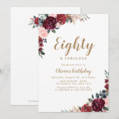 ボーホー バーガンディー 水彩 花 80歳の誕生日 招待状 (正面/裏面)