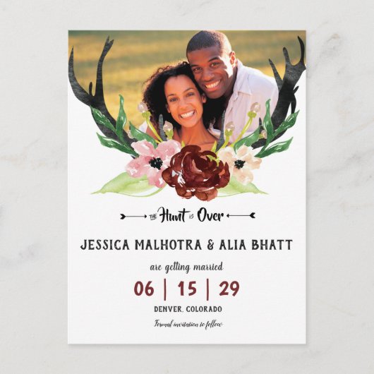 ボーホー バーガンディ フラワー ハント終了 保存日付 案内ポストカード (正面)