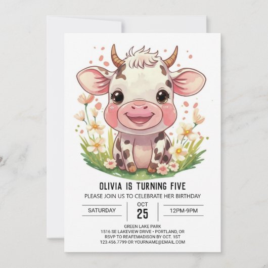 ボーホー バーンヤード ピンク ウシ バースデー 招待状 (正面)