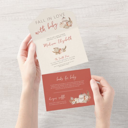 ボーホー パンパス草とカボチャの秋の恋愛 赤ちゃんに恋して オールインワン招待状 (貼ってはがせる)