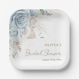 ボーホー パンパス グラス パステル ブルー フラワー ブライダル シャワー ペーパープレート