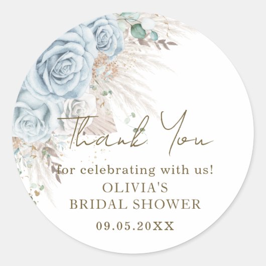 ボーホー パンパス グラス パステル ブルー フラワー ブライダル シャワー ラウンドシール (正面)