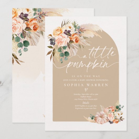 ボーホー パンパス グラス パンプキン ベイビー シャワー ミューテッド トーンズ 招待状 (正面/裏面)