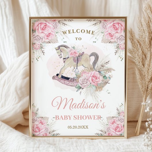 ボーホー パンパス グラス ピンク フローラル ロッキング ホース ベイビー ポスター