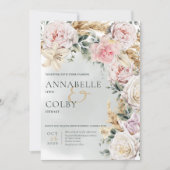 ボーホー パンパス & ピンク ローズ グリーン ウェディング 招待状 (正面)