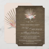 ボーホー パンパス ラスティック ウッド ホワイト フローラル パーム トロピカル 招待状 (正面/裏面)