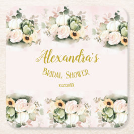 ボーホー パンプキン パンパス グラス エレガント ブライダル シャワー スクエアペーパーコースター