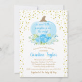 ボーホー パンプキン ベイビー ボーイ シャワー 水彩 ブルー ゴールド 招待状 (正面)