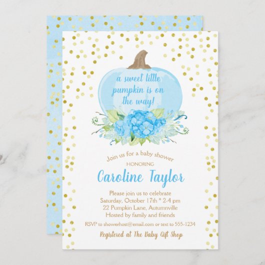 ボーホー パンプキン ベイビー ボーイ シャワー 水彩 ブルー ゴールド 招待状 (正面/裏面)
