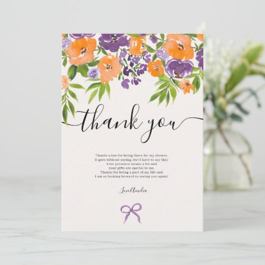 ボーホー パープル オレンジ フラワーズ ウォーターカラー ブライダル シャワー サンキューカード (スタンド正面)