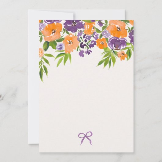 ボーホー パープル オレンジ フラワーズ ウォーターカラー ブライダル シャワー サンキューカード (裏面)