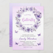 ボーホー パープル リトル バタフライ ガール ベビー シャワー 招待状 (正面/裏面)