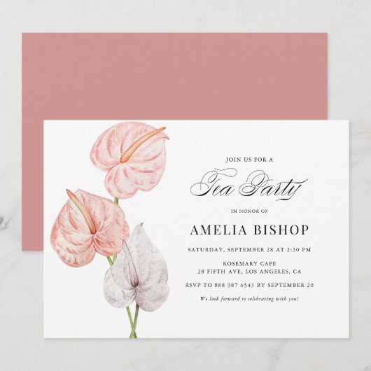 ボーホー ピンクの水彩アンスリウム ティーパーティー 招待状 (正面/裏面)