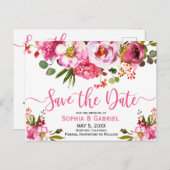 ボーホー ピンク ウォーターカラー フローラル タイポグラフィー ウェディング 案内ポストカード (正面/裏面)