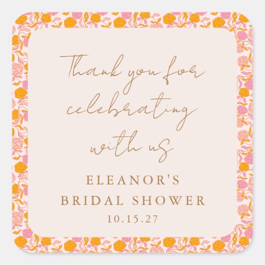 ボーホー ピンク オレンジ 花 ブライダルシャワー サンクス スクエアシール (正面)