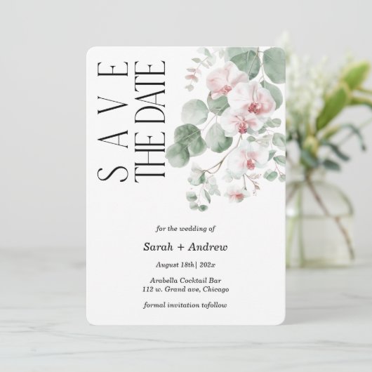ボーホー ピンク オーキッド Save The Date テンプレート 印刷可能 (スタンド正面)