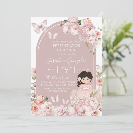 ボーホー ピンク ガール フラワープレゼンテーション 3歳 招待状 (スタンド正面)