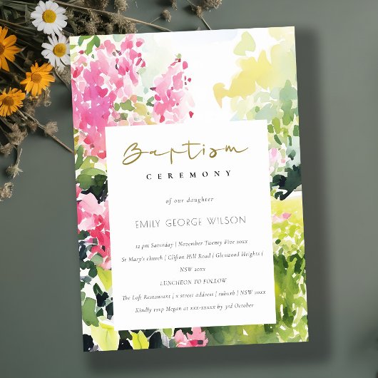 ボーホー ピンク グリーン トロピカル ブーゲンビリア バプテスマ 招待状
