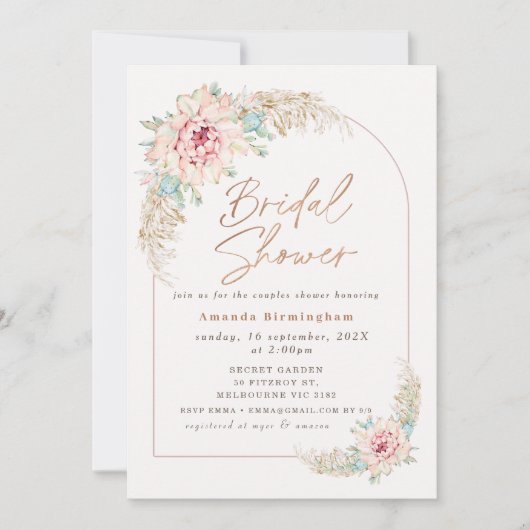 ボーホー ピンク サボテン ローズゴールド ブライダルシャワー シャワー 招待状 (正面)