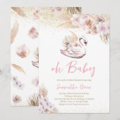 ボーホー ピンク スワン ベビーシャワー 招待状 (正面/裏面)