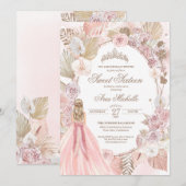 ボーホー ピンク ドライ フラワーローズ スイート16 誕生日 招待状 (正面/裏面)