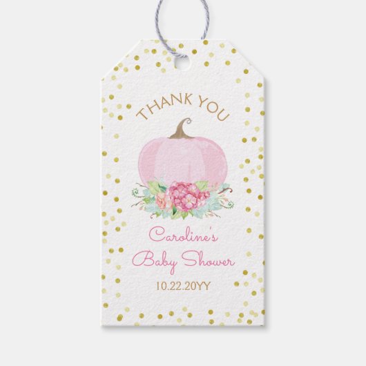 ボーホー ピンク パンプキン ベイビー ガール シャワー ウォーターカラー ギフトタグ (正面)