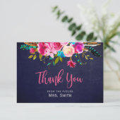 ボーホー ピンク フラワーのネイビーブルー ブライダルシャワー サンクス カード (スタンド正面)