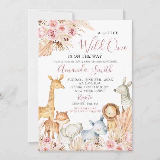 ボーホー ピンク フラワー サファリ ガール ベビー シャワー 招待状 (正面)