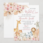 ボーホー ピンク フラワー サファリ ガール ベビー シャワー 招待状 (正面/裏面)
