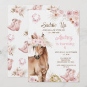 ボーホー ピンク フラワー ブラウン ホース サドル アップ バースデー 招待状 (正面/裏面)