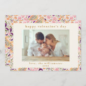 ボーホー ピンク ペイズリー フラワーフォト バレンタインデー シーズンカード (正面/裏面)
