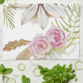 ボーホー ピンク 緑 ブラウン 白 花柄 おしゃれ キッチンタオル (折り畳み)