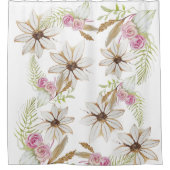 ボーホー ピンク 緑 白 ブラウン 花柄 エレガント トレンディ シャワーカーテン (正面)