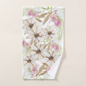 ボーホー ピンク 緑 白 茶色 花柄 エレガント トレンディ バスタオルセット (ハンドタオル)