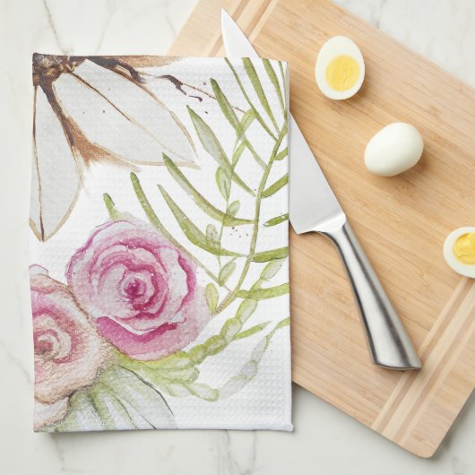 ボーホー ピンク 緑 茶色 白 花柄 おしゃれ キッチンタオル (四つ折り)