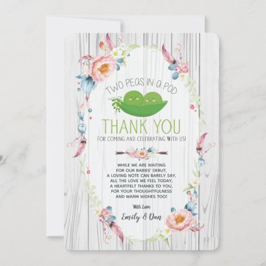 ボーホー ピーズ イン ア ポッド ベイビー シャワー サンクス カード ツイン (正面)