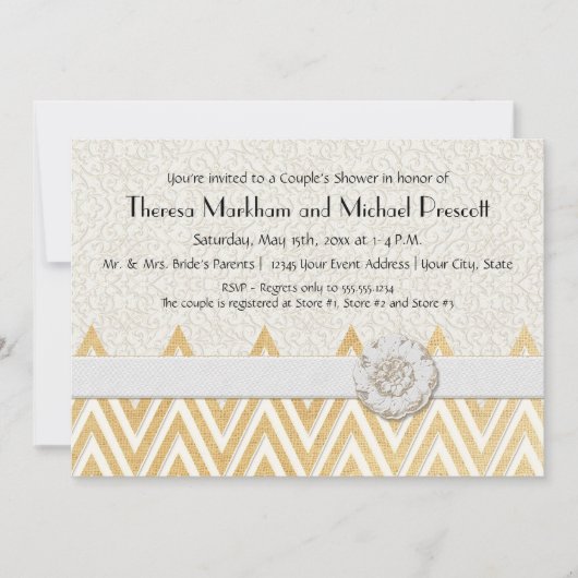 ボーホー フェイク バーリアッペとレースのシェブロン モダンでおしゃれなスタイル 招待状 (正面)