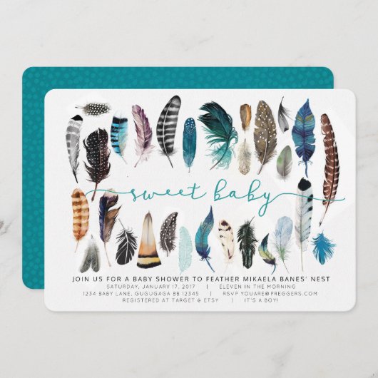 ボーホー フェザー ベイビー シャワー 招待状 (正面/裏面)