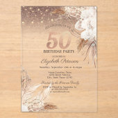 ボーホー フラワーとストリング ライトが輝く50歳の誕生日 アクリル招待状 (正面)