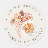ボーホー フラワーのコーヒー「Love is Brewing」 ブライダルシャワー ラウンドシール (正面)