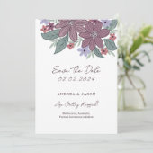 ボーホー フラワーの手描き花の結婚式お知らせカード セーブザデート (スタンド正面)