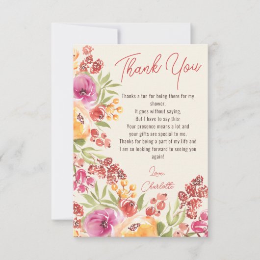 ボーホー フラワーの手描き ブライダルシャワーのお礼カード サンキューカード (正面)
