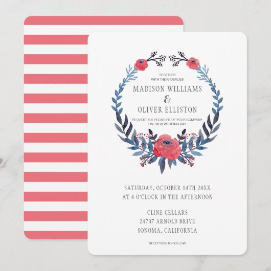 ボーホー フラワーの水彩 赤いバラ | 結婚式 招待状 (正面/裏面)