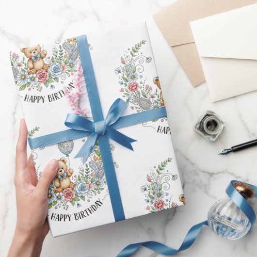 ボーホー フラワーの誕生日クマ ラッピングペーパー (ギフト)