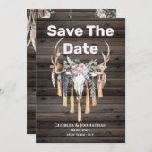 ボーホー フラワーの鹿の頭蓋骨 トライバル カントリー セーブザデート (正面/裏面)